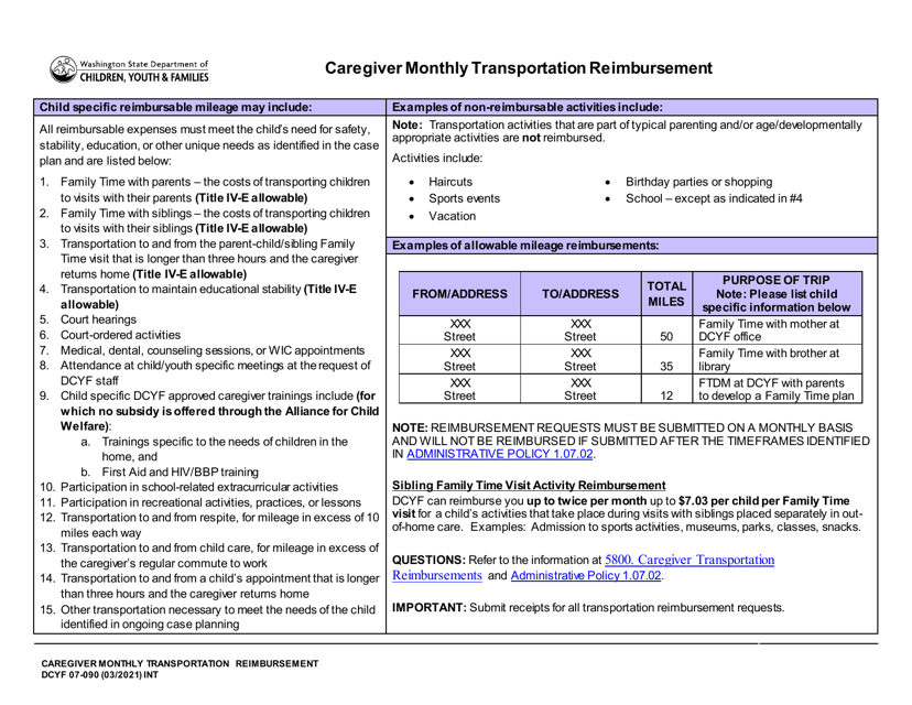 DCYF Form 07-090 Caregiver Monthly Transportation Reimbursement - Washington