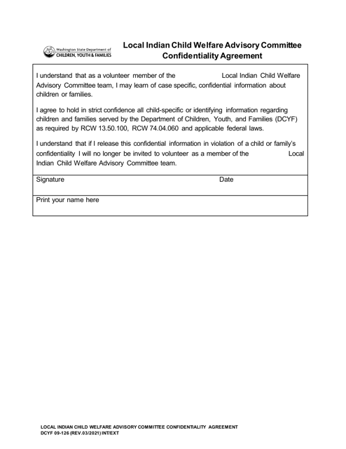 DCYF Form 09-126 Local Indian Child Welfare Advisory Committee Confidentiality Agreement - Washington