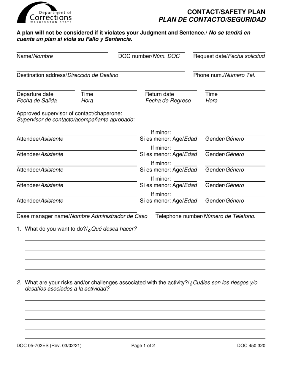 Form DOC05-702ES Contact / Safety Plan - Washington (English / Spanish), Page 1