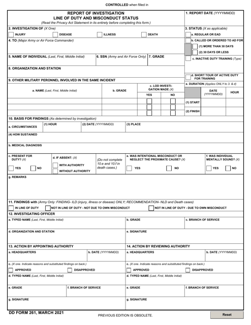DD Form 261 Report of Investigation Line of Duty and Misconduct Status