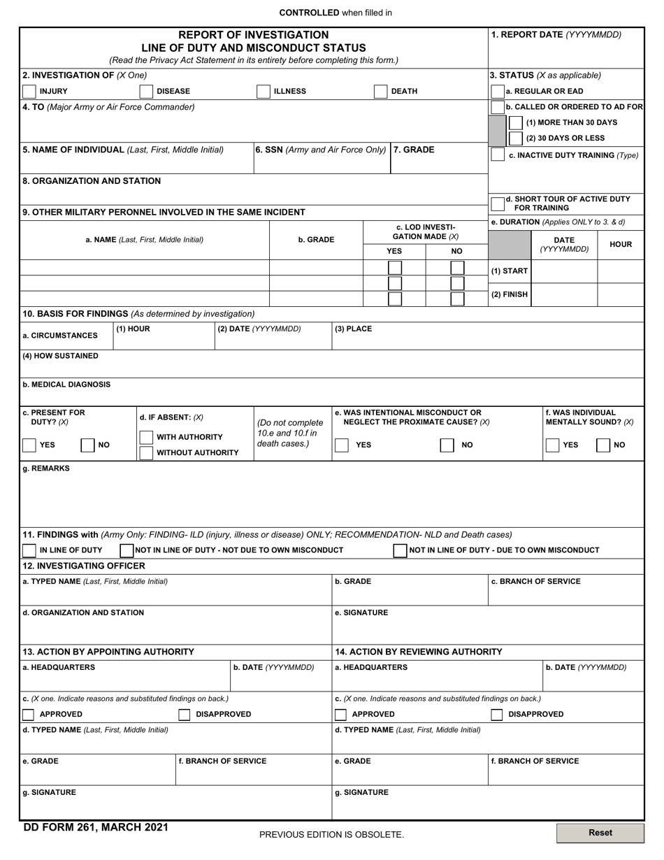 DD Form 261 Report of Investigation Line of Duty and Misconduct Status, Page 1