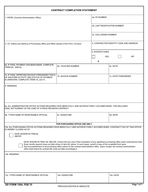 DD Form 1594 Contract Completion Statement