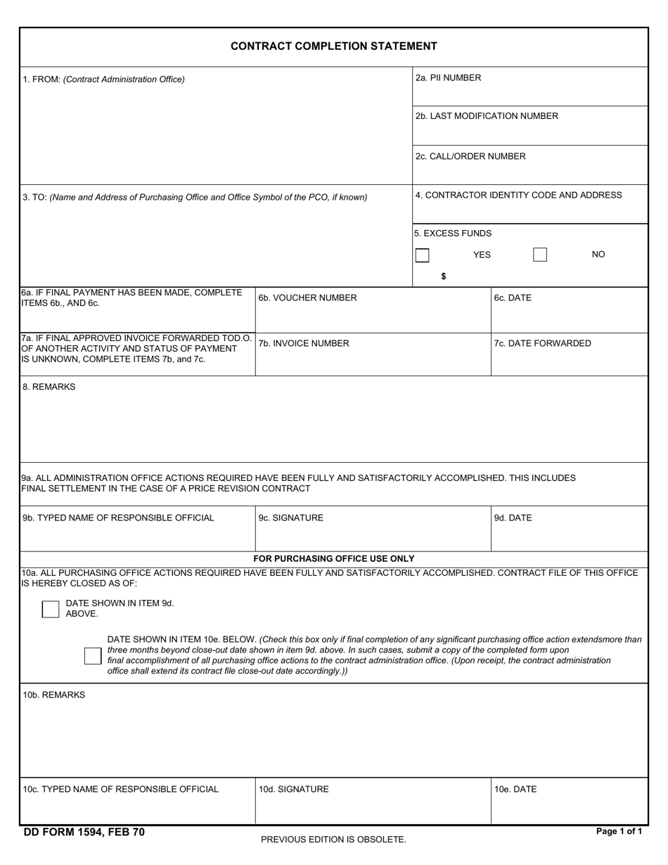 DD Form 1594 - Fill Out, Sign Online and Download Fillable PDF ...