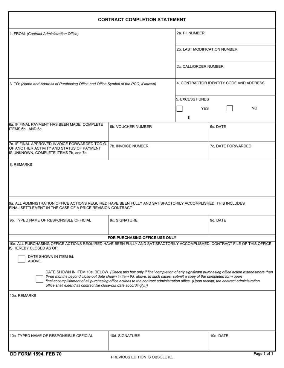DD Form 1594 Contract Completion Statement, Page 1