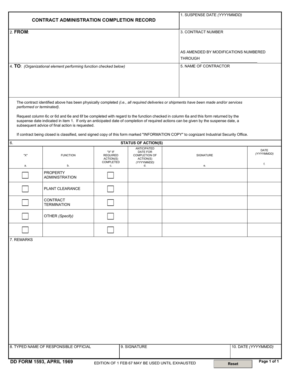 DD Form 1593 Contract Administration Completion Record, Page 1