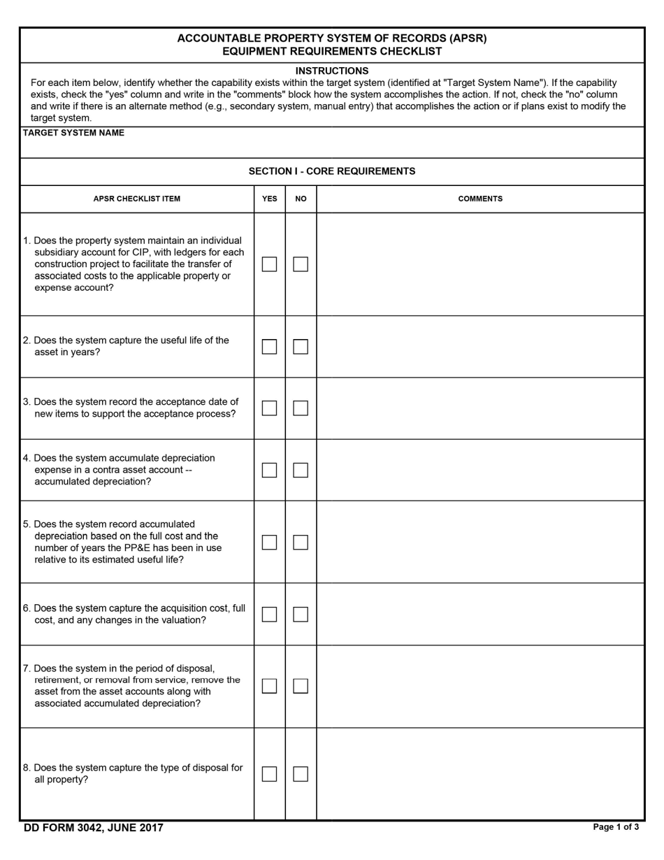 DD Form 3042 Accountable Property System of Records (Apsr) Equipment Requirements Checklist, Page 1
