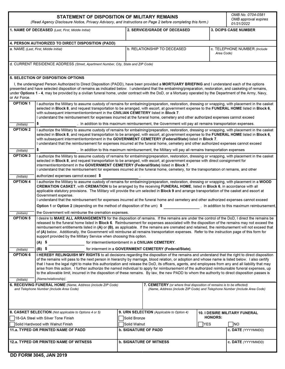 DD Form 3045 Statement of Disposition of Military Remains, Page 1
