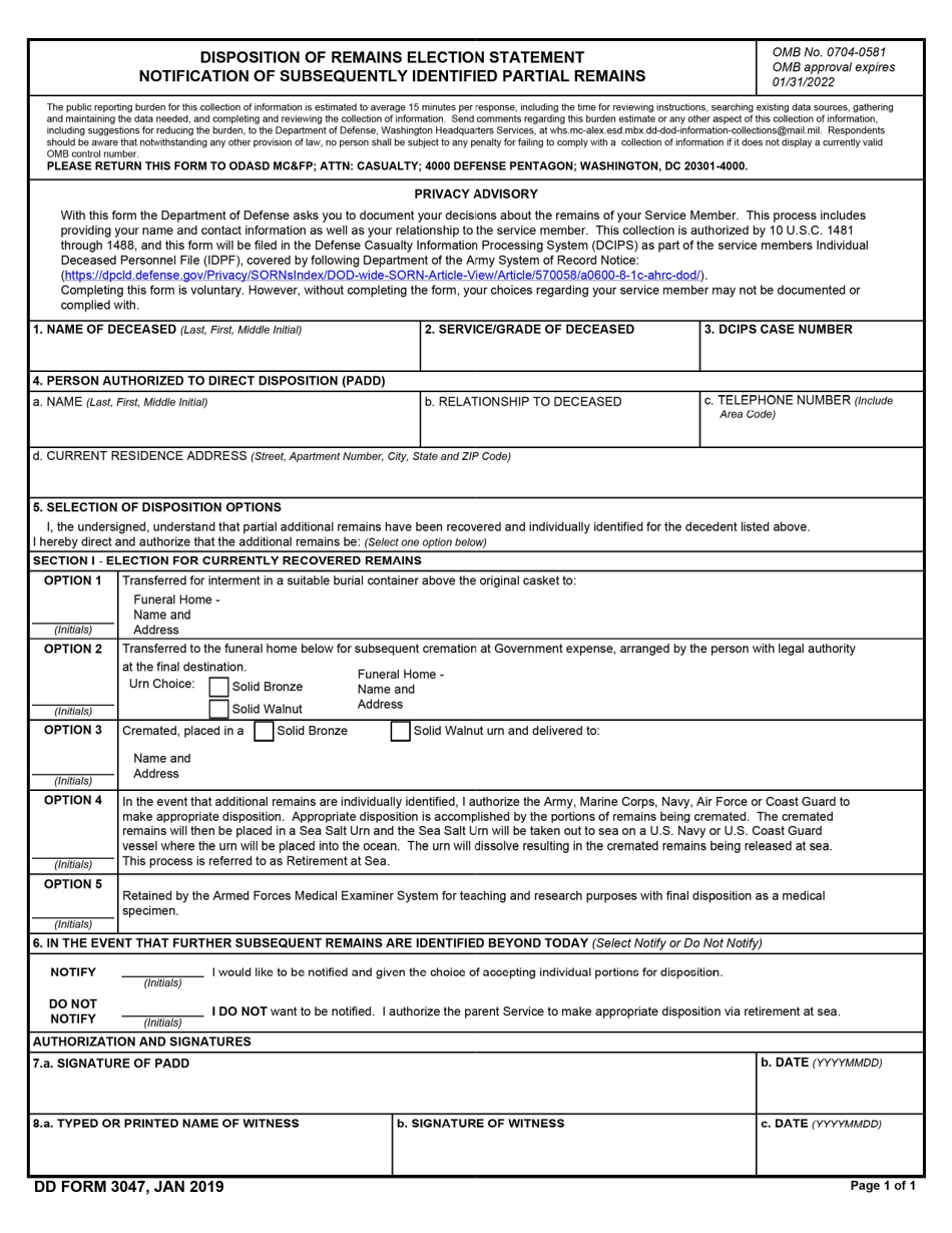 DD Form 3047 Disposition of Remains Election Statement Notification of Subsequently Identified Partial Remains, Page 1
