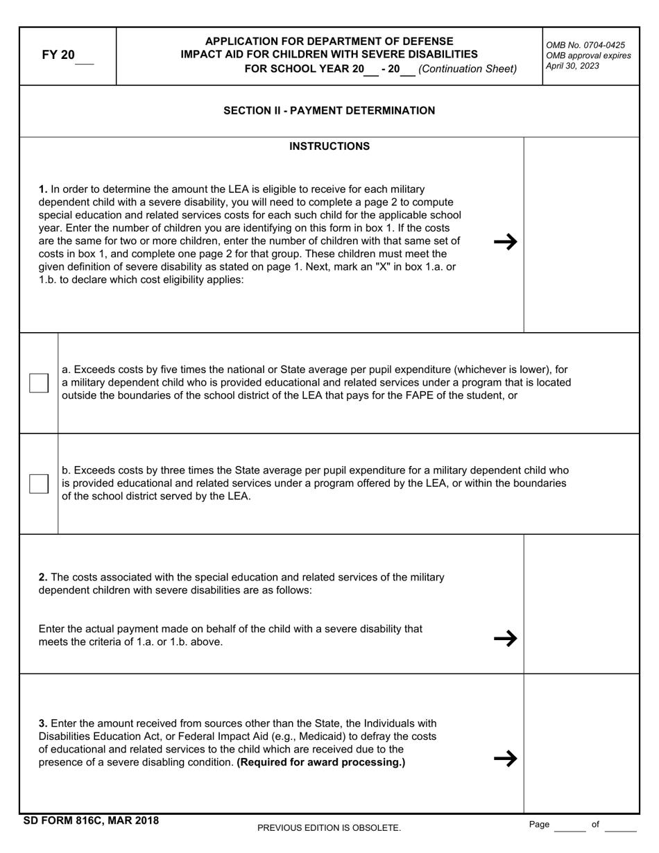 SD Form 816C Application for Department of Defense Impact Aid for Children With Severe Disabilities (Continuation Sheet), Page 1