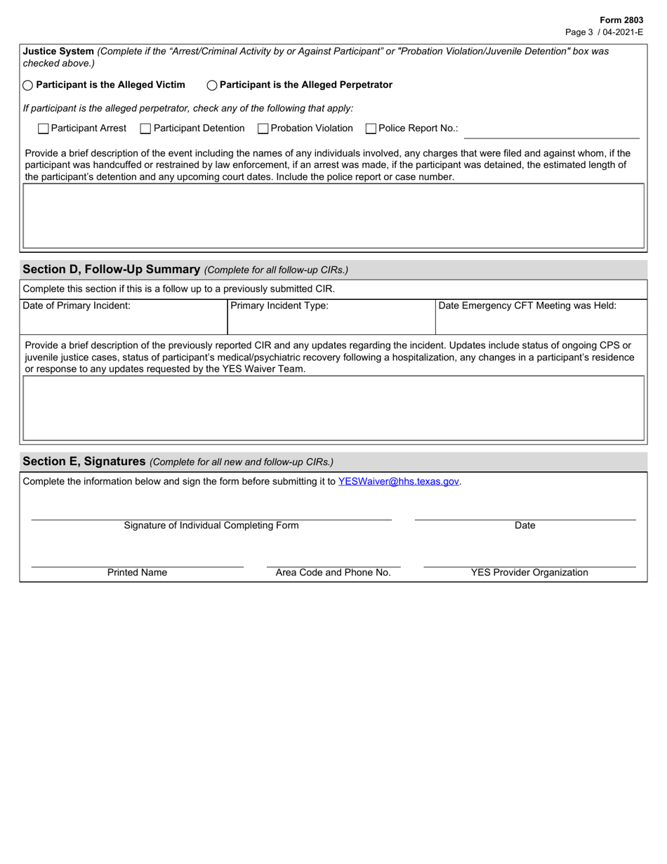 Form 2803 Critical Incident Report - Texas, Page 3