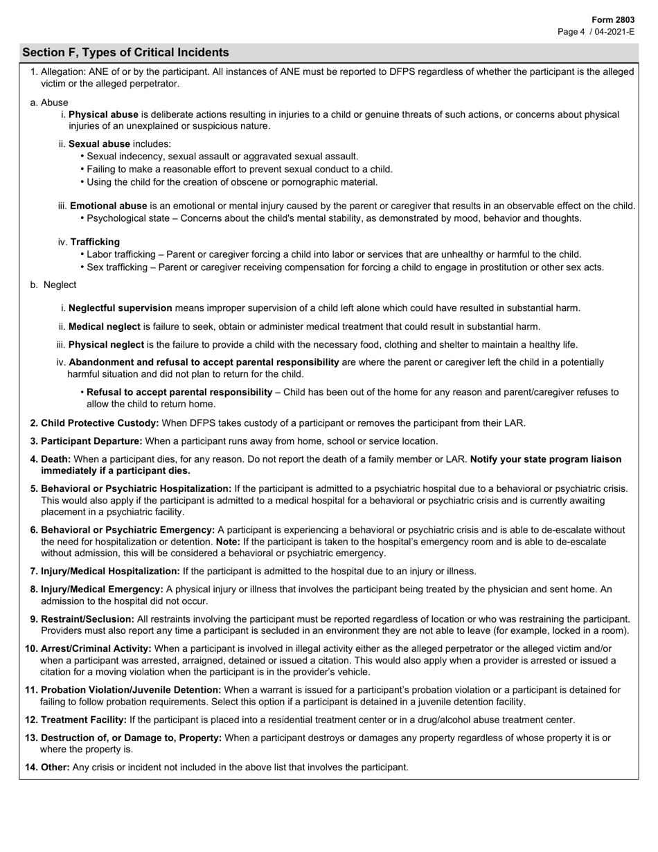 Form 2803 Critical Incident Report - Texas, Page 4