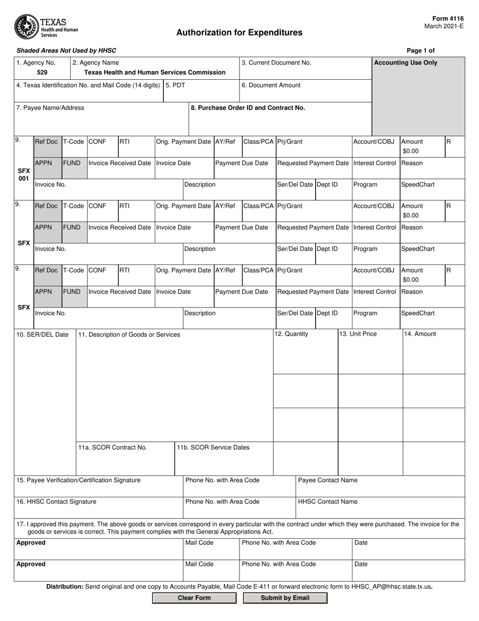 Form 4116 Authorization for Expenditures - Texas, Page 1