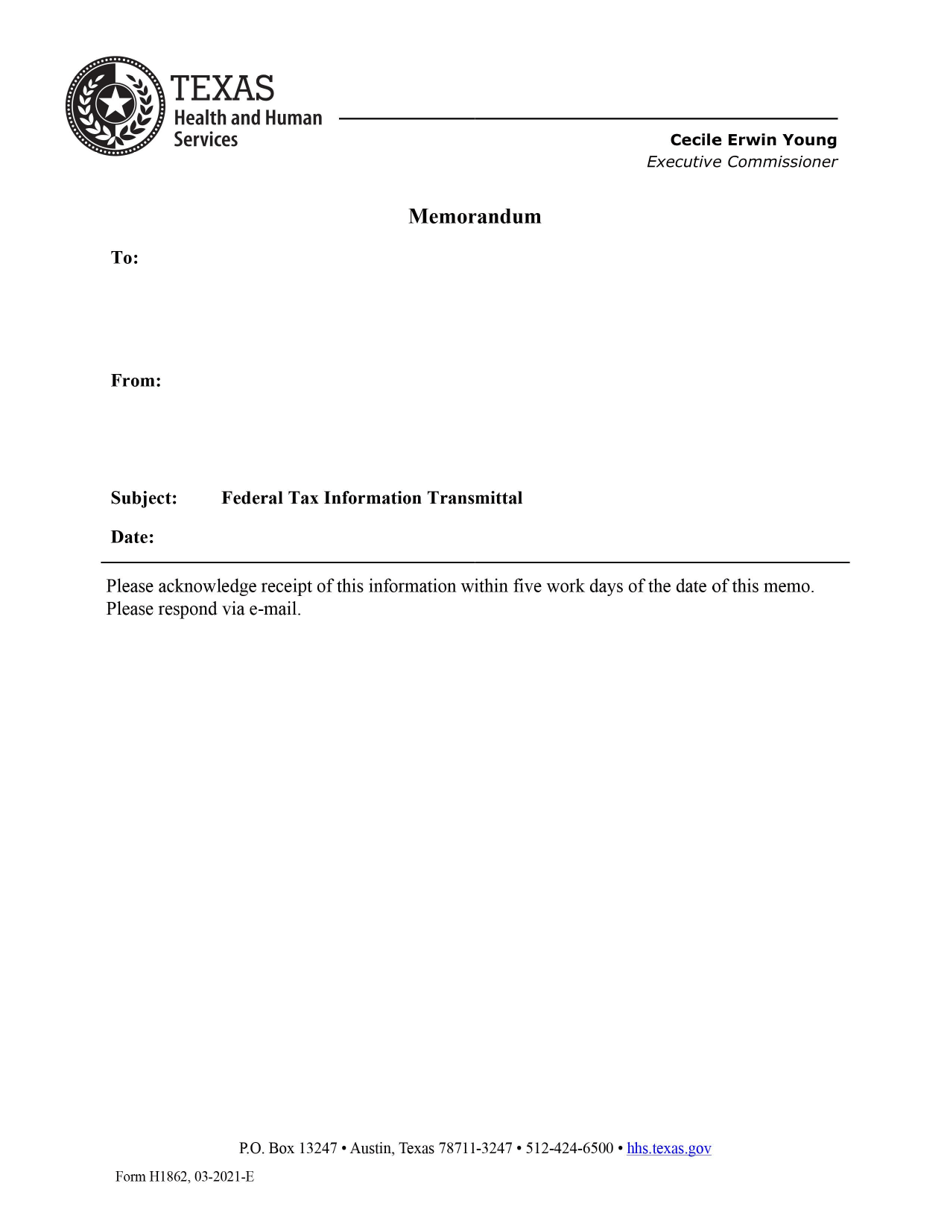 Form H1862 Federal Tax Information Transmittal Memorandum - Texas, Page 1