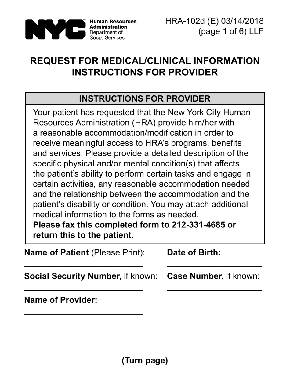 Form HRA-102D Request for Medical / Clinical Information (Large Print) - New York City, Page 3