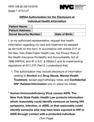 Document preview: Form HRA-108 HIPAA Authorization for the Disclosure of Individual Health Information (Large Print) - New York City
