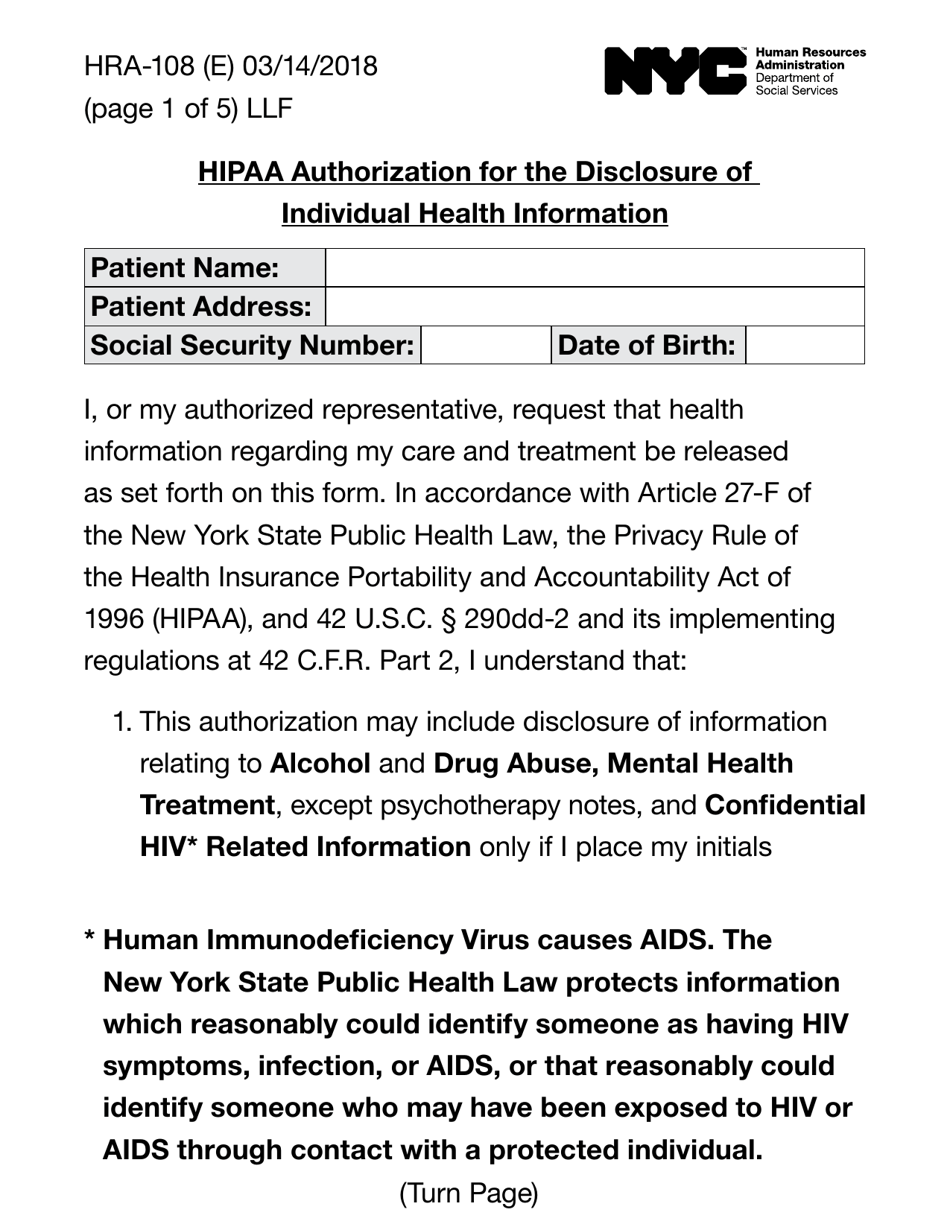 Form HRA-108 HIPAA Authorization for the Disclosure of Individual Health Information (Large Print) - New York City, Page 1