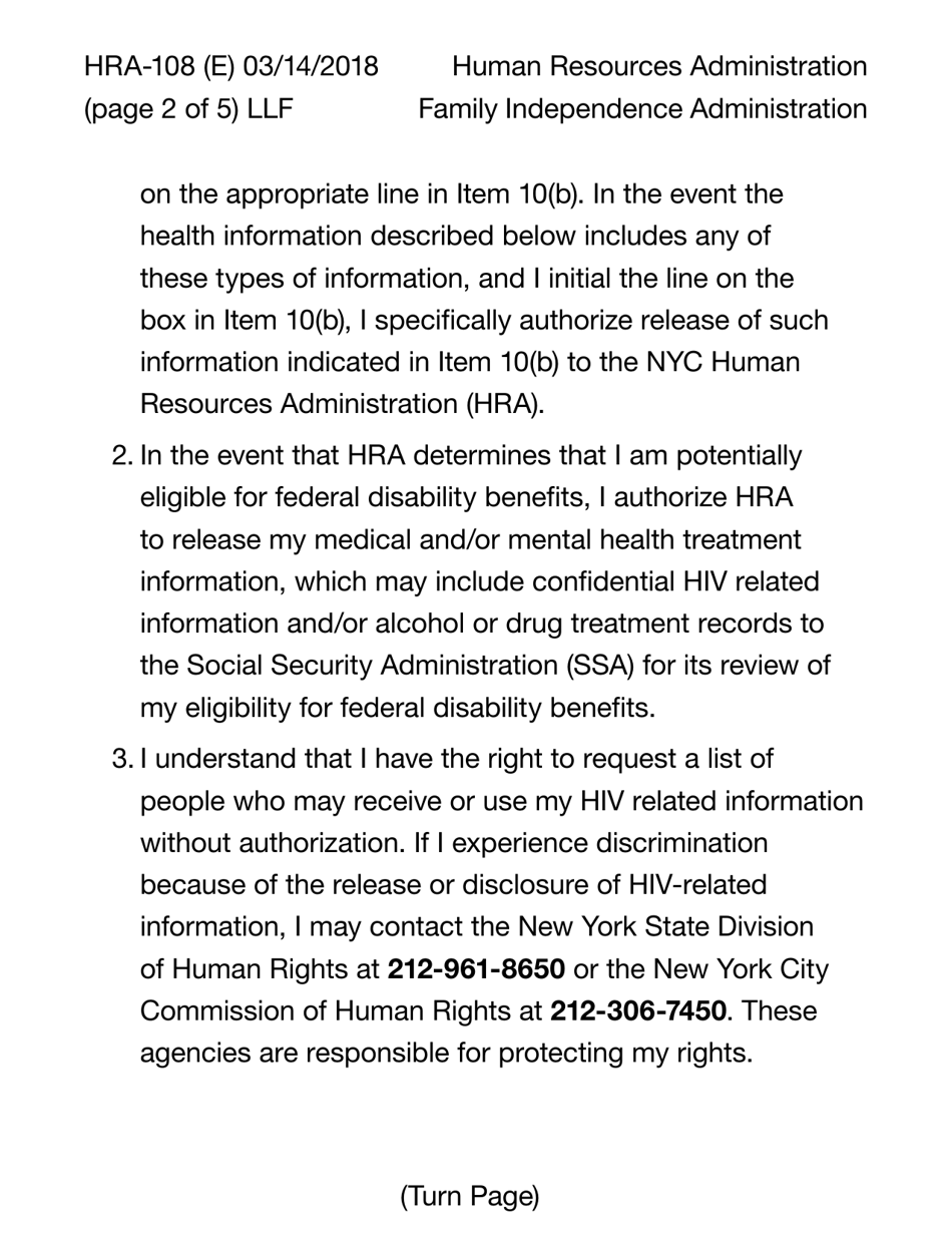 Form HRA-108 HIPAA Authorization for the Disclosure of Individual Health Information (Large Print) - New York City, Page 2
