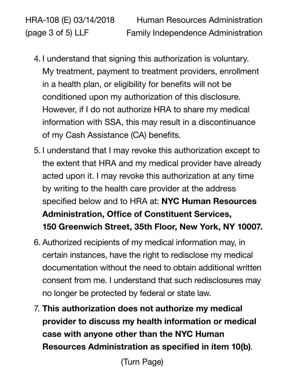Form HRA-108 HIPAA Authorization for the Disclosure of Individual Health Information (Large Print) - New York City, Page 3