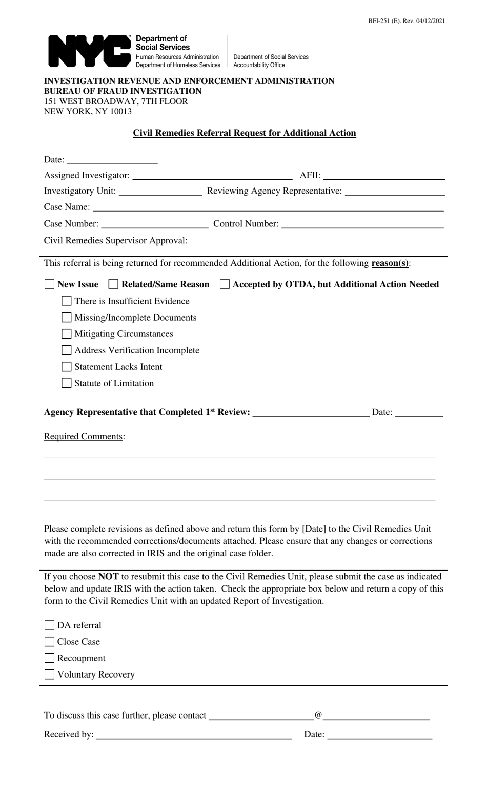 Form BFI-251 Civil Remedies Referral Request for Additional Action - New York City, Page 1