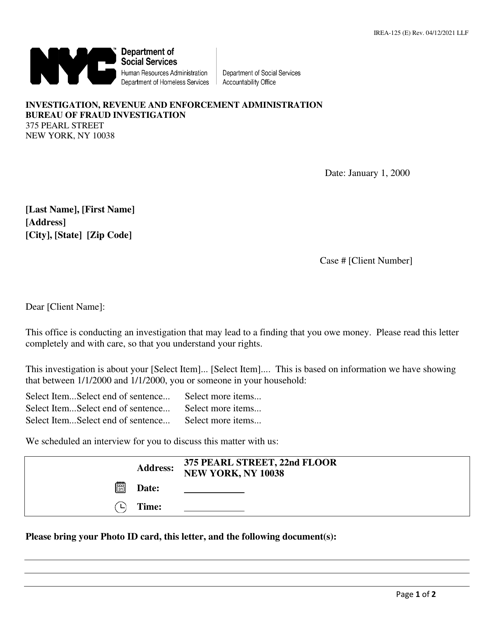 Form IREA-125 Sample Letter: Bureau of Fraud Investigation - New York City