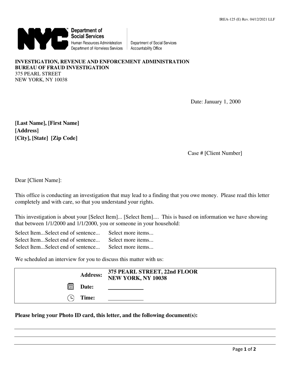 Form IREA-125 Sample Letter: Bureau of Fraud Investigation - New York City, Page 1