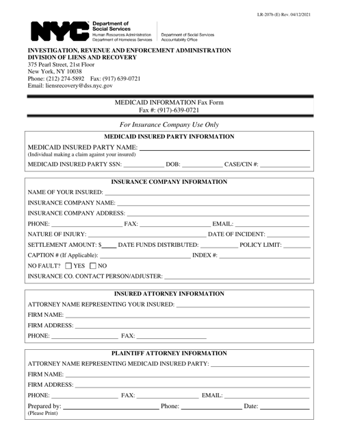 Form LR-207B Medicaid Information Fax Form - New York City