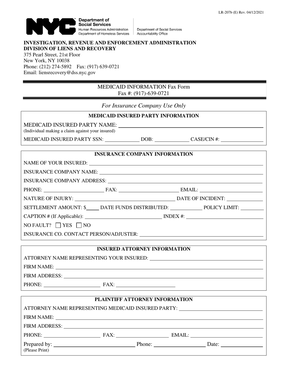 Form LR-207B Medicaid Information Fax Form - New York City, Page 1