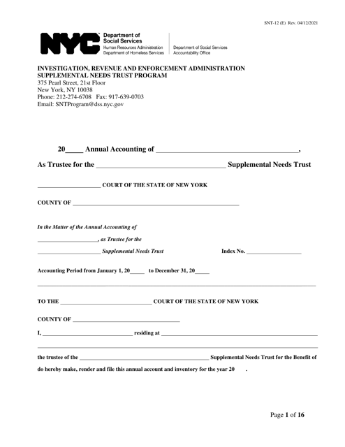 Form SNT-12 Supplemental Needs Trust Accounting - New York City