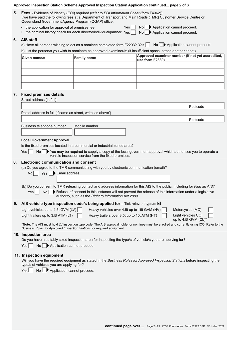 Form F2272 Approved Inspection Station Application - Approved Inspection Station Scheme - Queensland, Australia, Page 2