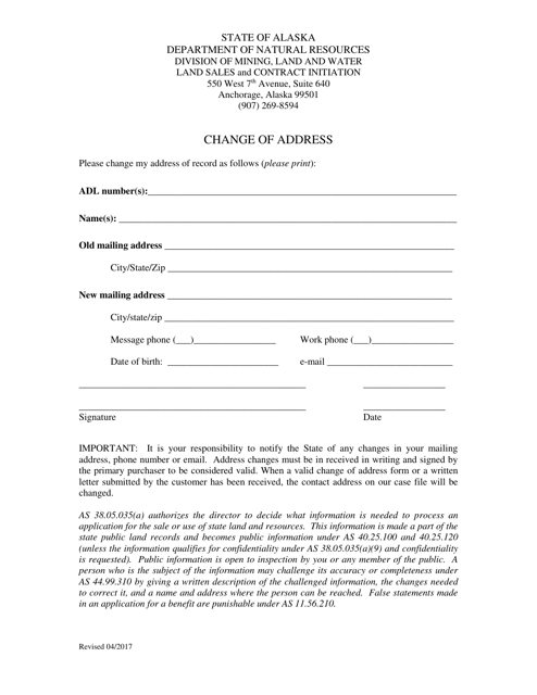 Change of Address Form (For Land Sale and Contract Initiation) - Alaska Download Pdf