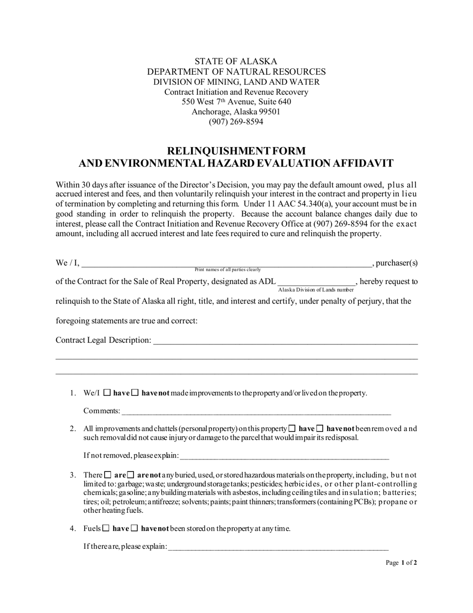 Relinquishment Form and Environmental Hazard Evaluation Affidavit - Alaska, Page 1
