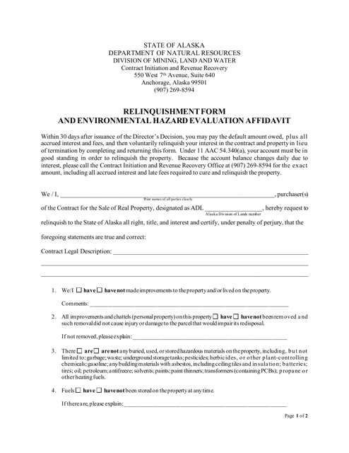 Relinquishment Form and Environmental Hazard Evaluation Affidavit - Alaska