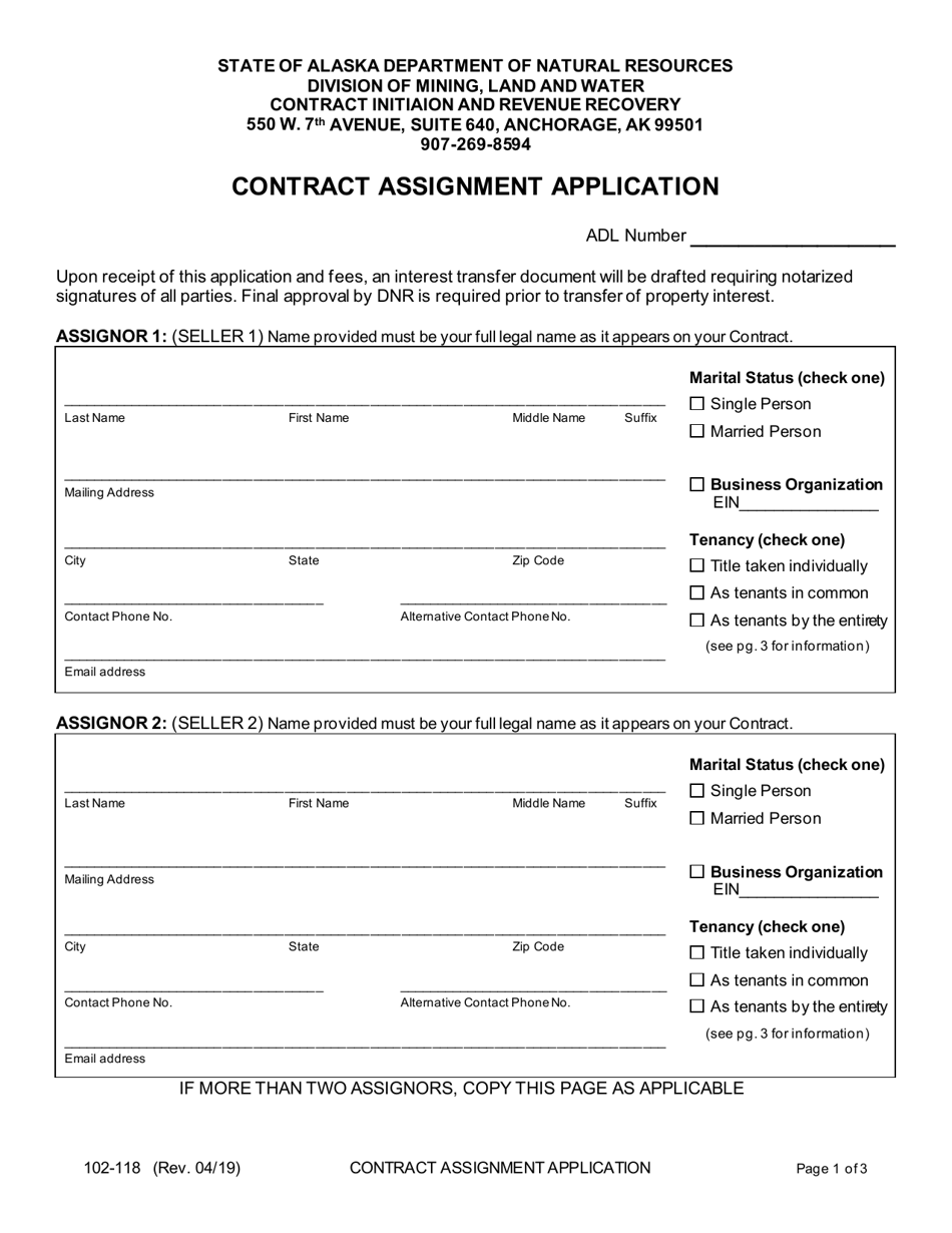 Form 102-118 Contract Assignment Application - Alaska, Page 1