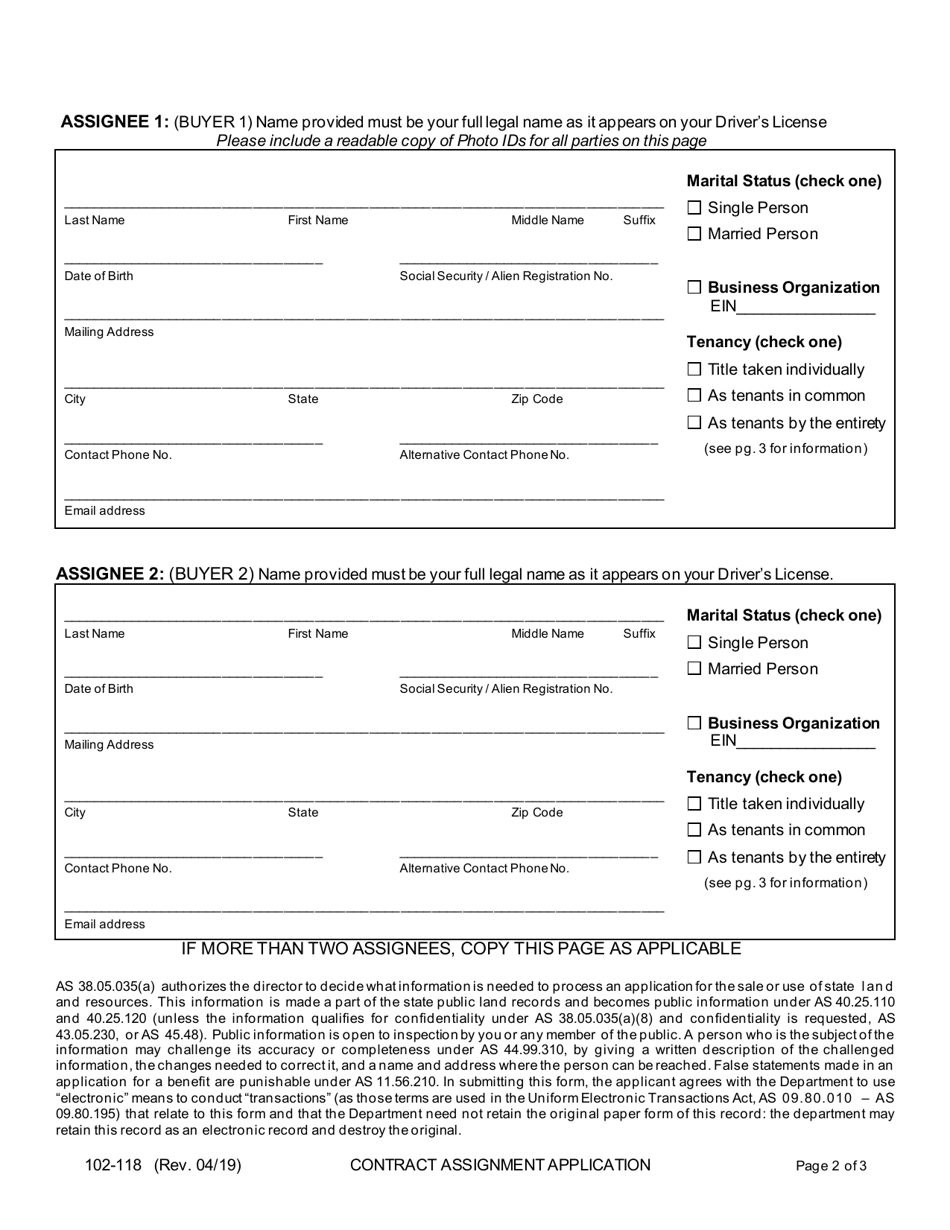 Form 102-118 Contract Assignment Application - Alaska, Page 2
