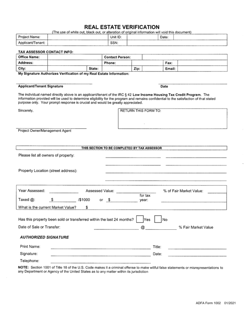 ADFA Form 1002 Real Estate Verification - Arkansas