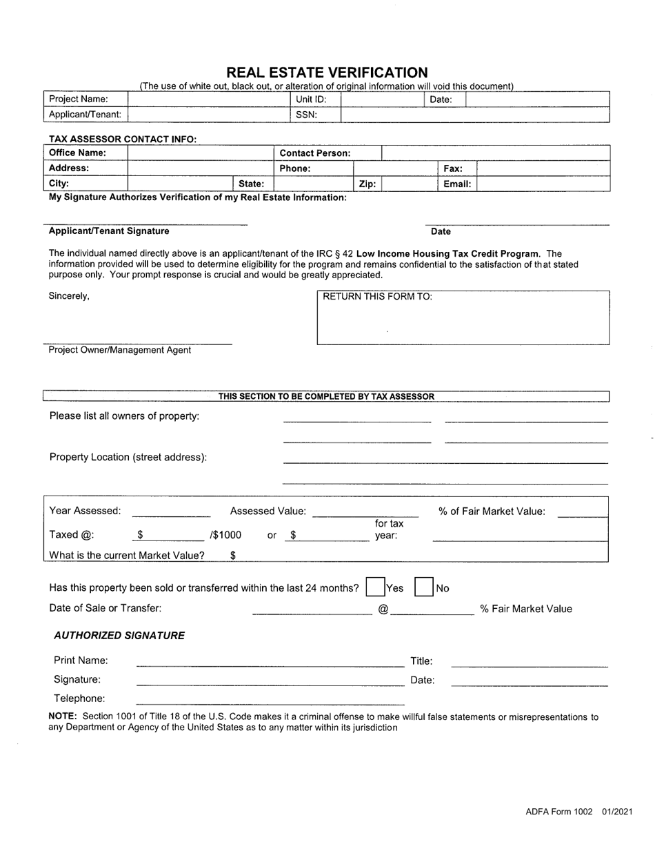 ADFA Form 1002 Real Estate Verification - Arkansas, Page 1