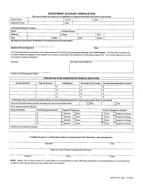 ADFA Form 1004 Investment Account Verification - Arkansas