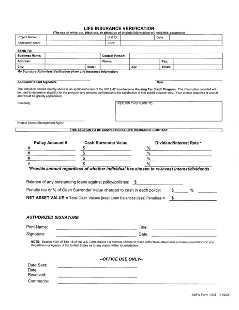 ADFA Form 1003 Life Insurance Verification - Arkansas