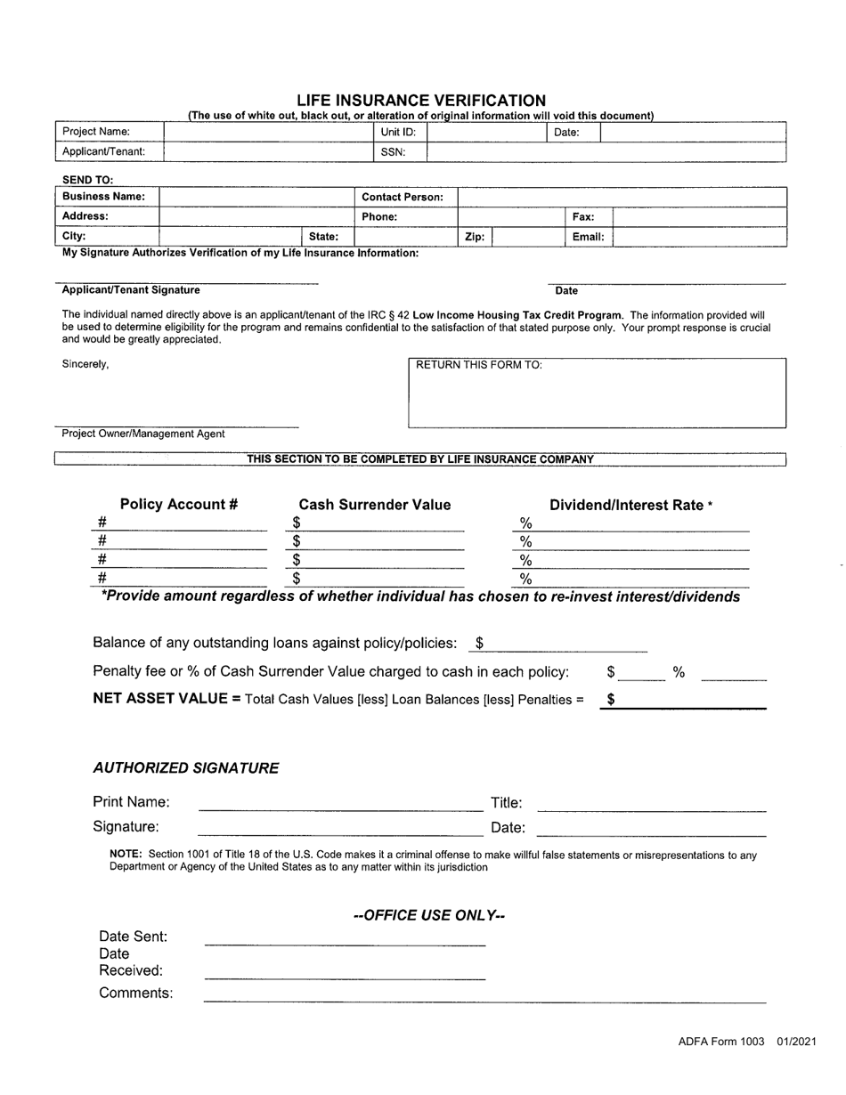ADFA Form 1003 Life Insurance Verification - Arkansas, Page 1