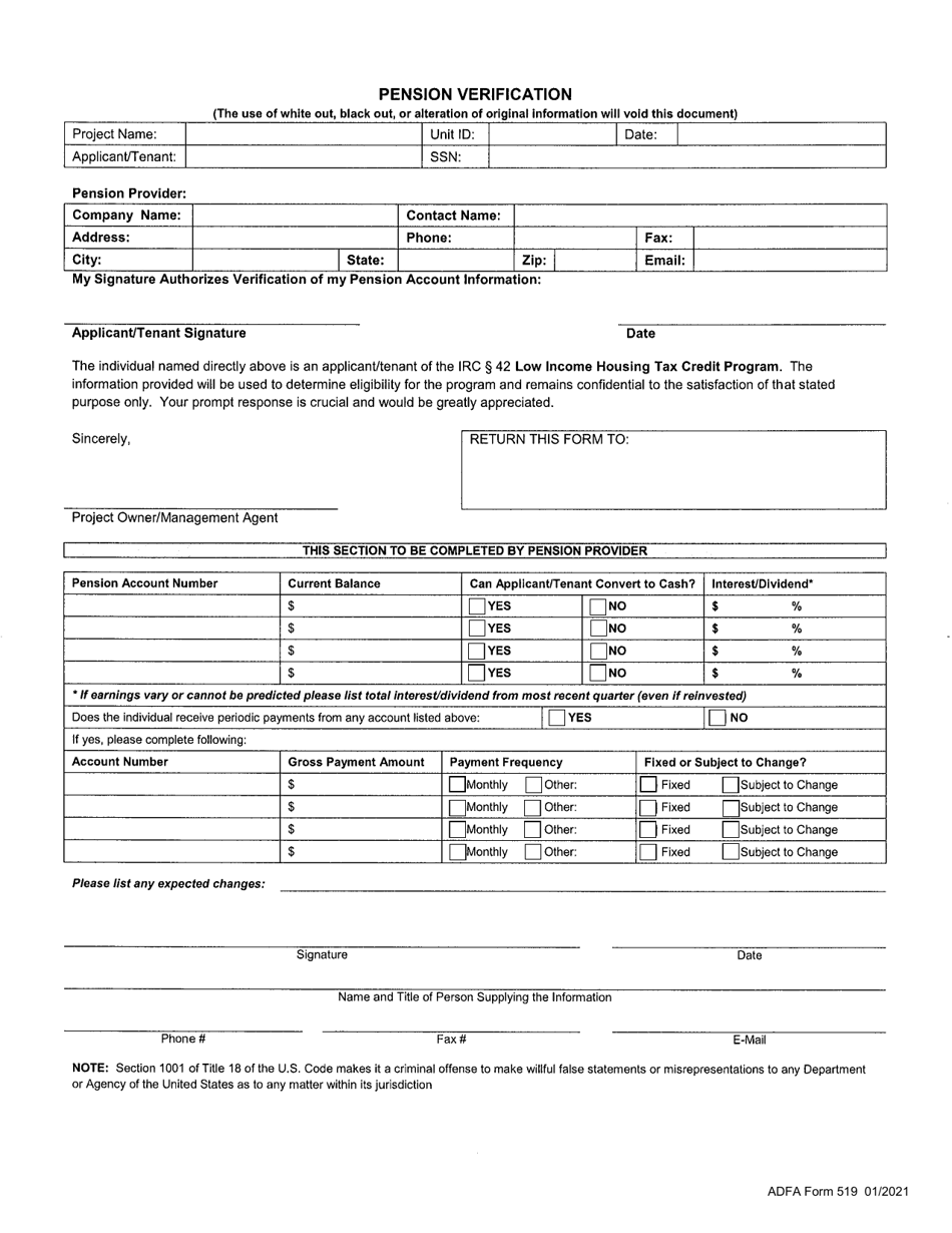 ADFA Form 519 Pension Verification - Arkansas, Page 1