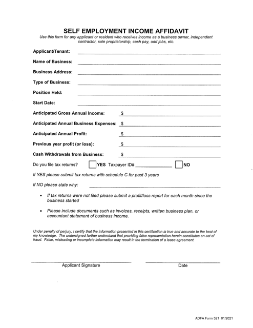 ADFA Form 521  Printable Pdf