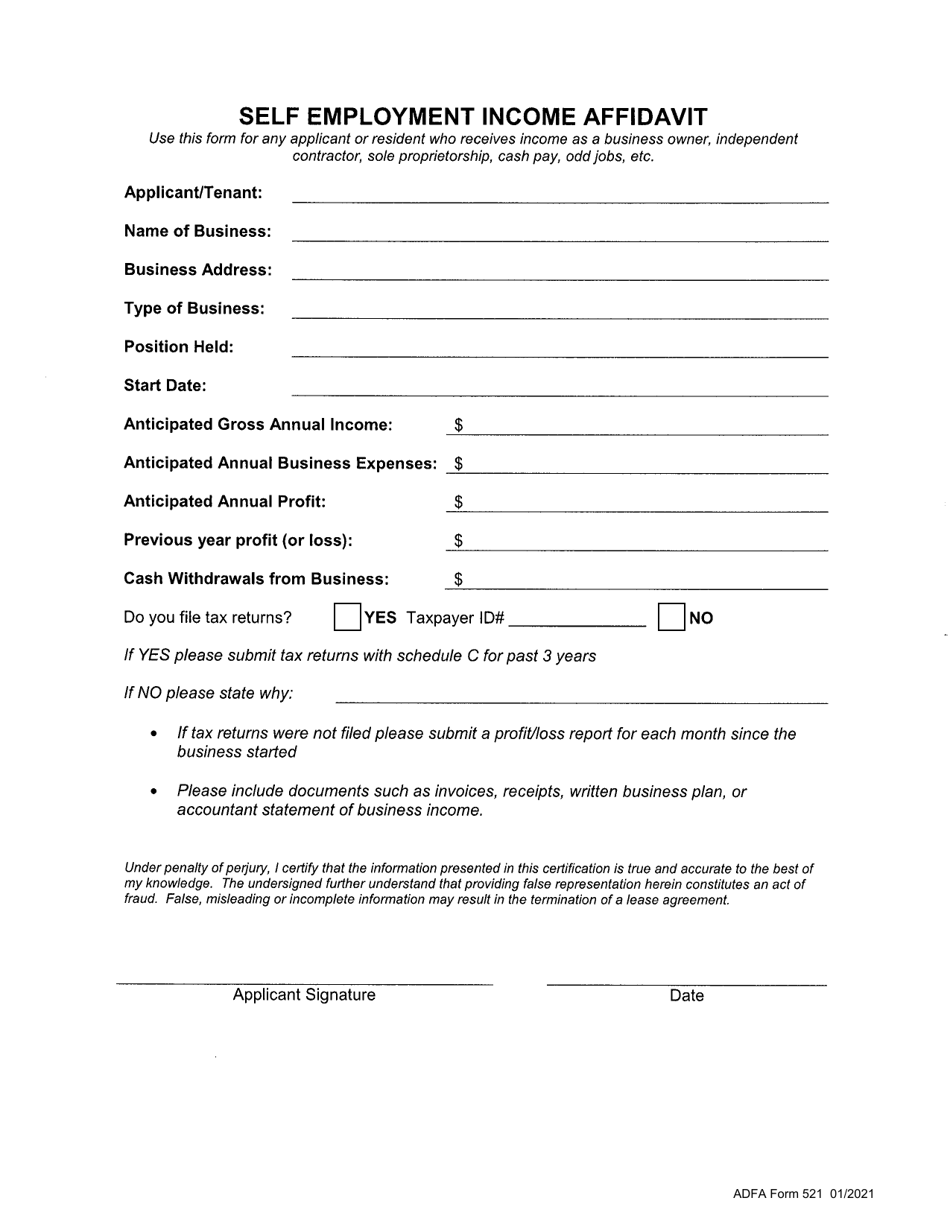 ADFA Form 521 Self Employment Income Affidavit - Arkansas, Page 1