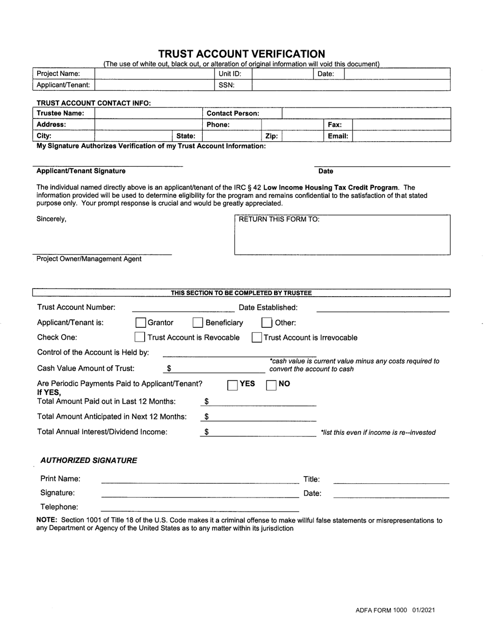 ADFA Form 1000 Trust Account Verification - Arkansas, Page 1