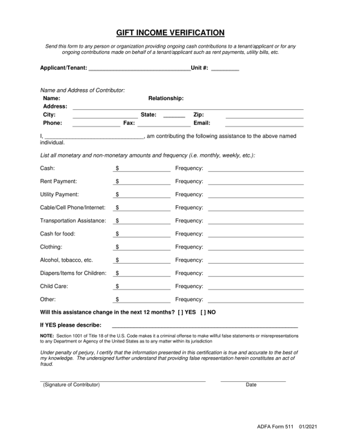 ADFA Form 511  Printable Pdf
