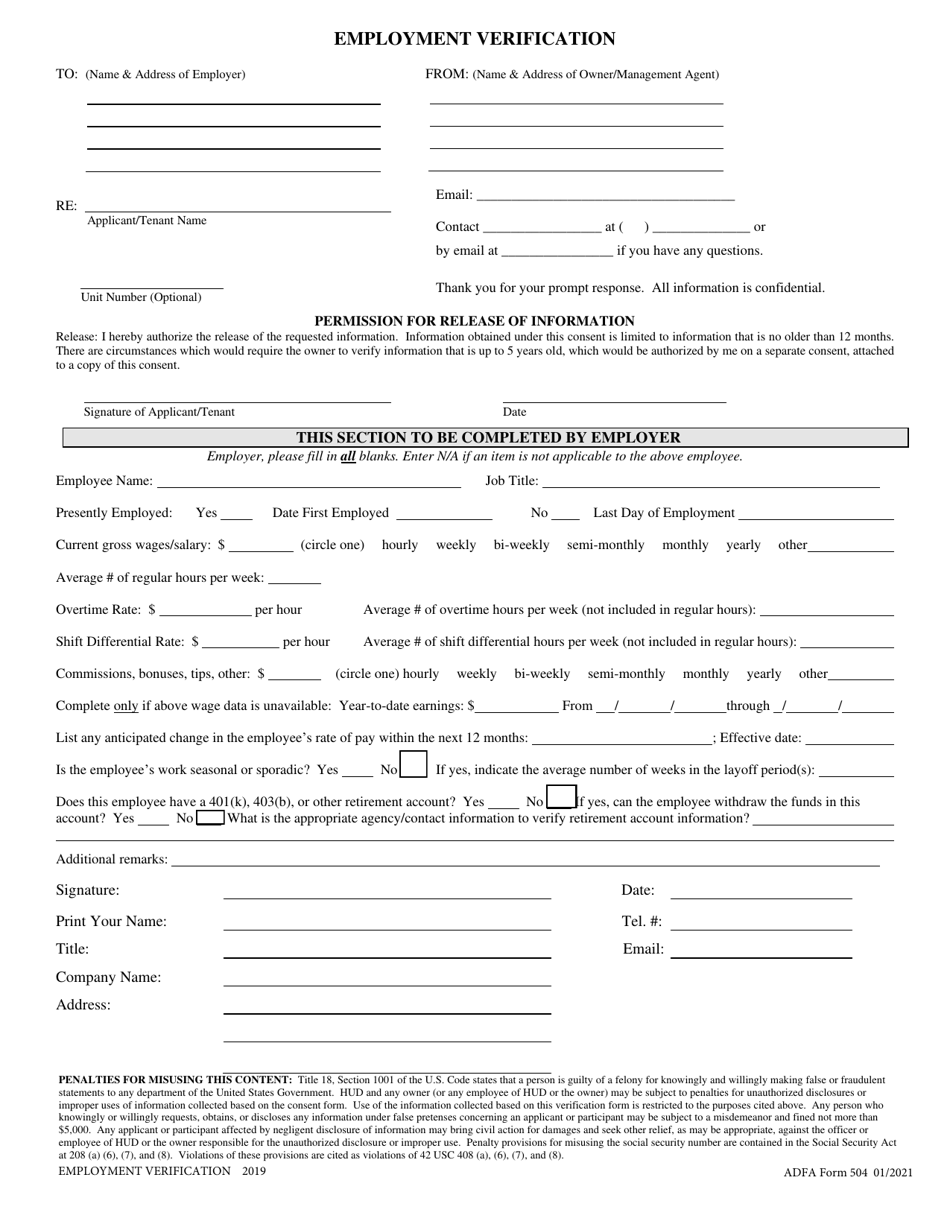 ADFA Form 504 Employment Verification - Arkansas, Page 1