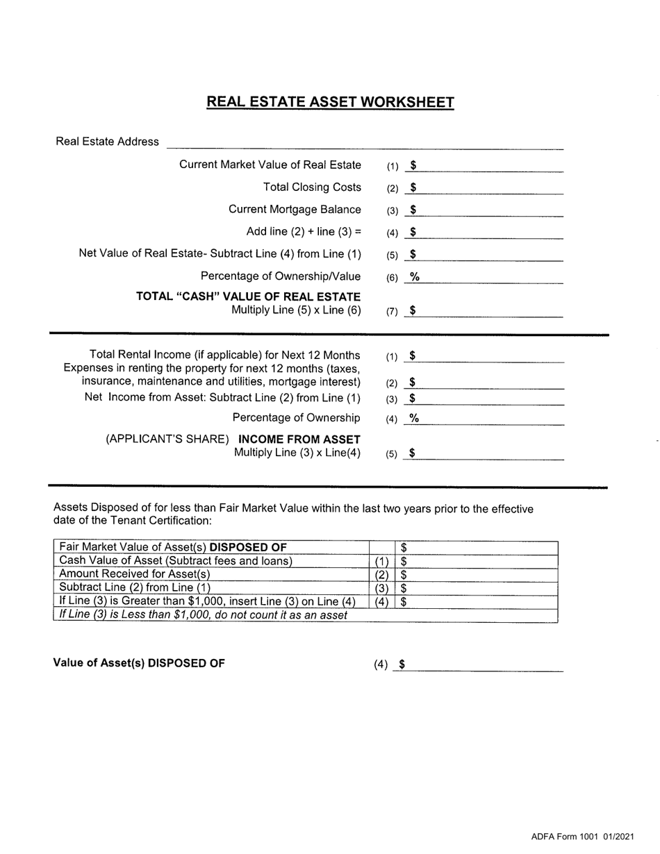 ADFA Form 1001 Real Estate Asset Worksheet - Arkansas, Page 1