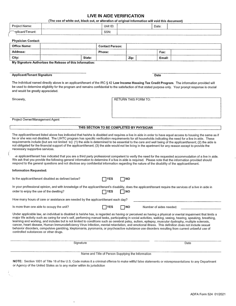 ADFA Form 524 Live in Aide Verification - Arkansas, Page 1