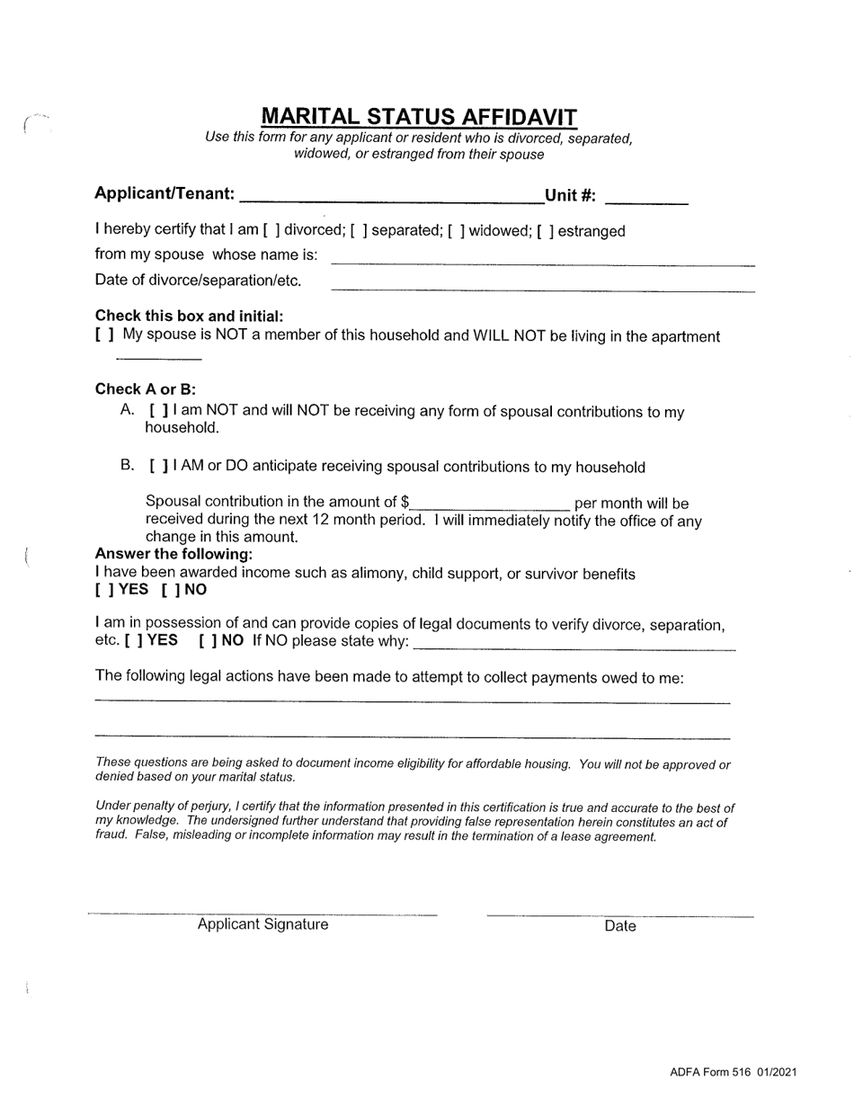 ADFA Form 516 Marital Status Affidavit - Arkansas, Page 1