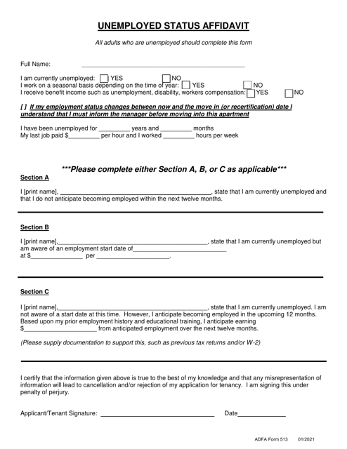 ADFA Form 513 Unemployed Status Affidavit - Arkansas