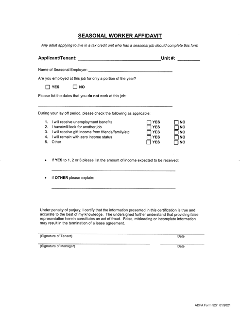 ADFA Form 527 Seasonal Worker Affidavit - Arkansas